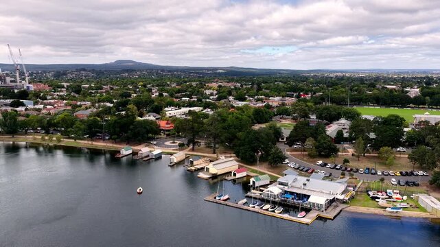Lake Wendouree waterfront aerial panorama of streets and houses in Ballarat city.