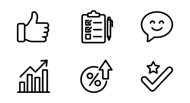 Business Success Icons: Thumbs Up, Checklist, Smile, Growth Chart, Percentage Increase, Approved