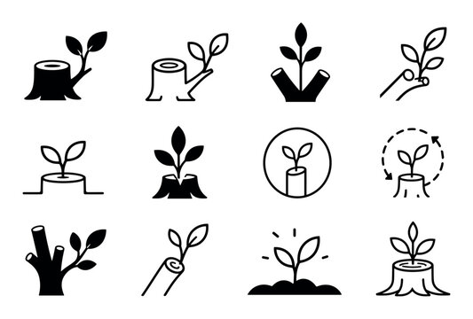 Tree stump with new sprout icons set representing reforestation, environmental conservation, ecological renewal, and sustainable growth in nature
