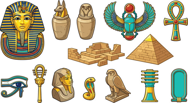 Ancient Egypt Culture Vector Icon Set with Pharaoh Mask Giza Pyramid Sphinx Anubis Canopic Jars Scarab Beetle Eye of Horus and Ankh Symbols