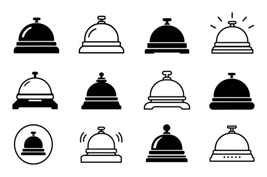 Hotel reception service bell icons representing concierge assistance, hospitality desk call buttons, and customer service ringers in flat vector style
