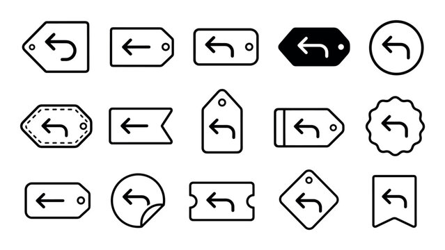 Return arrow tag line icons representing undo, back, and reply functions in various label shapes like price tags, stickers, and tickets