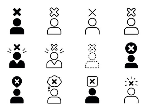 Delete user and block account vector icons representing profile removal, cancellation, rejection, ban, and error in a minimalist black and white graphic design style