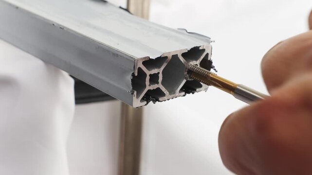 Tapping Bolt Hole in Aluminum Extrusion Profile Using Hand Tap Tool for Precision Metalwork, Engineering Assembly, Industrial Manufacturing Process and Mechanical Fastening Demonstration