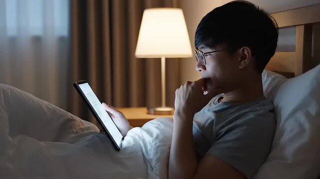 Young Asian Man Using Tablet in Bed at Night, Browsing Online.