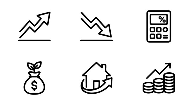 Financial Growth Icons: Upward Trend, Downward Trend, Calculator, Money Bag, House, Coins