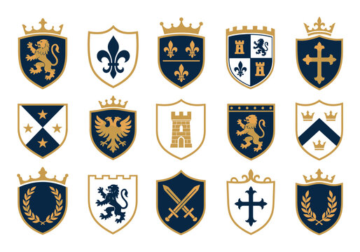 Medieval heraldic shields and coat of arms featuring classic royal symbols including lions, crowns, eagles, swords, towers, and fleur-de-lis in elegant gold and navy blue colors