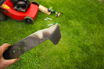 Obraz premium Man holding a worn dull lawn mower blade close up on a green grass background