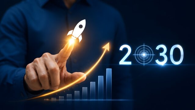 Long term business vision 2030 concept with a businessman launching a glowing rocket over a rising financial growth chart