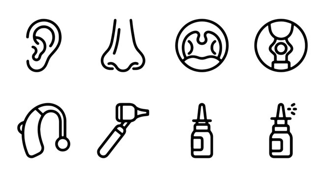ENT Medical Icons Set: Ear, Nose, Throat, Hearing Aid, Otoscope, Nasal Spray