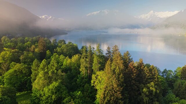 Spectacular aerial view of fog over Zell am See alpine lake, golden sunrise illuminating green forest and snow peaks in Austria. Misty morning foggy lake landscape 