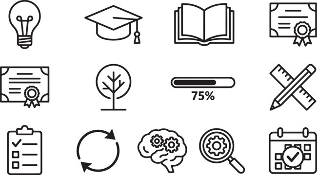 Set of education and business line icons featuring graduation cap book certificate lightbulb brain and calendar for web design