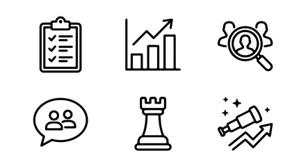 Business Strategy Icons: Analytics, Teamwork, Chess, Vision, Checklist, Search © ZARA