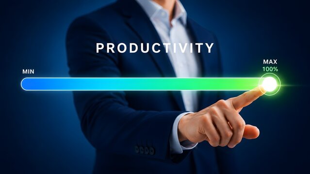 Maximum productivity achievement concept with a business manager pushing a digital performance slider to one hundred percent capacity