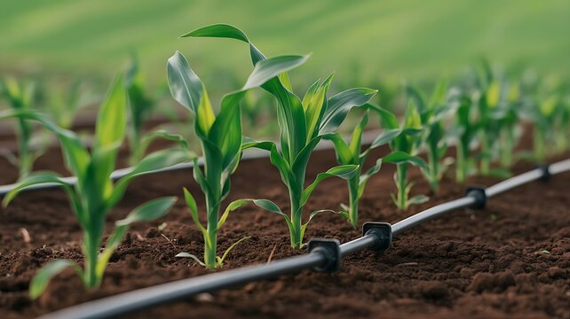 Young green corn plants growing in a field with a drip irrigation pipe system