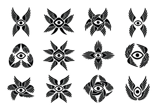 Seraphim angel wing eye occult symbol set featuring twelve different black and white mystical celestial designs for tattoos and esoteric graphic illustrations