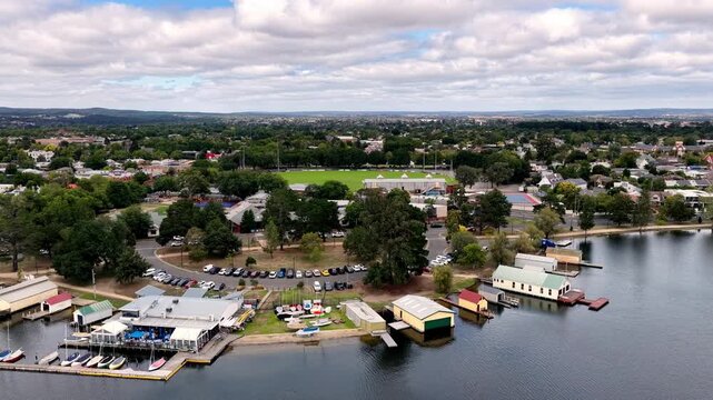 Yacht club boat sheds on Lake Wendouree in Ballarat city &ndash; aerial panorama of waterfront.