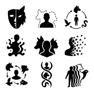 Therianthropy and animal spirit vector icon set depicting human transformation, shapeshifting, alter ego, inner beast, and psychological connection with wild animals