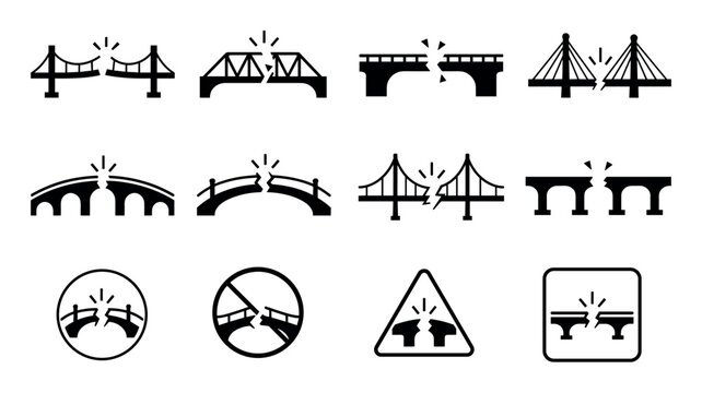 Broken bridge icons showing collapsed road infrastructure, damaged highway connections, warning signs, and metaphorical concepts of failure, division, and interrupted communication