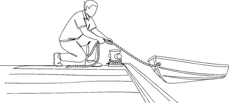 Man pulling a small boat on a flat surface.