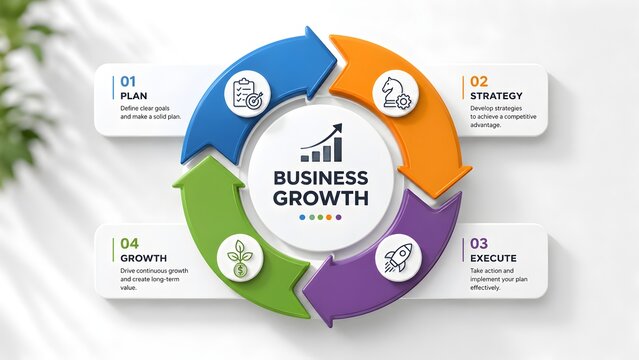 Business growth strategy lifecycle cycle diagram outlining four operational phases from planning to execution and final development
