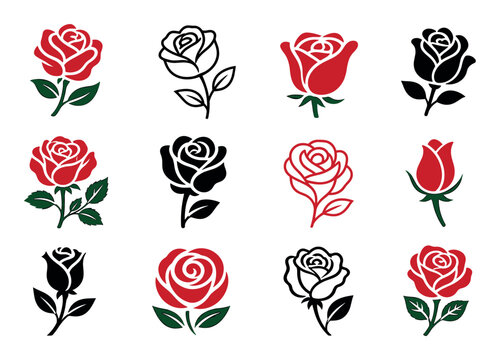Rose flower vector icons set with stems and leaves featuring various minimalist designs in red and black colors for elegant floral logos and decorative graphic elements