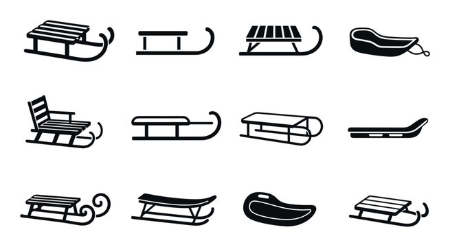 Sled icons set for winter outdoor activities featuring various designs of traditional wooden sleighs, modern plastic toboggans, and snow gliders for seasonal recreation