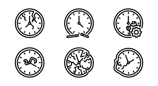Broken Clock Icons Set, Time Management Problems, Deadline Stress, Vector Graphics