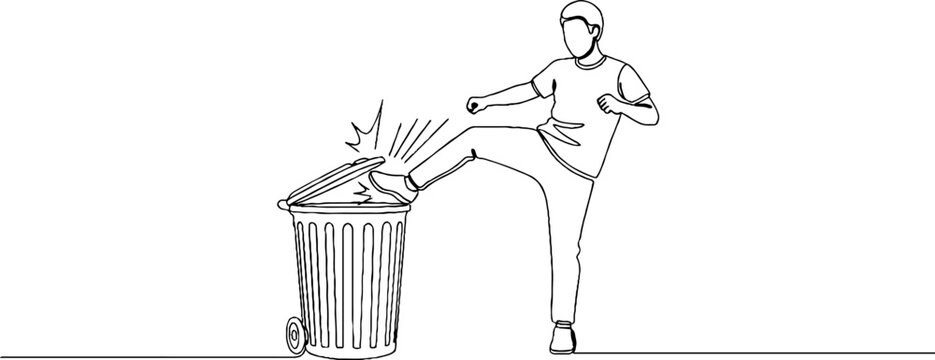 Man throwing trash into garbage bin outdoors.