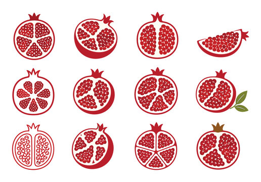 Pomegranate fruit icons with seeds and slices showing various cut halves in a stylized red vector graphic collection for healthy food design