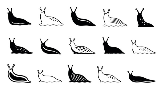 Slug vector icons in various graphic styles representing different gastropod mollusks with unique patterns and silhouettes for nature-themed designs