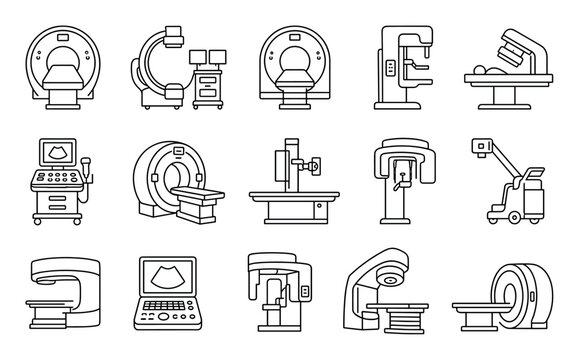 Medical diagnostic imaging equipment line icons representing MRI, CT scan, ultrasound, X-ray, mammography, and dental panoramic scanners for healthcare and clinical design