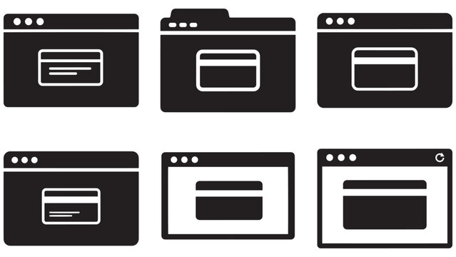 Minimal browser window interface icons showing webpage layouts and responsive web design templates in dark monochrome style