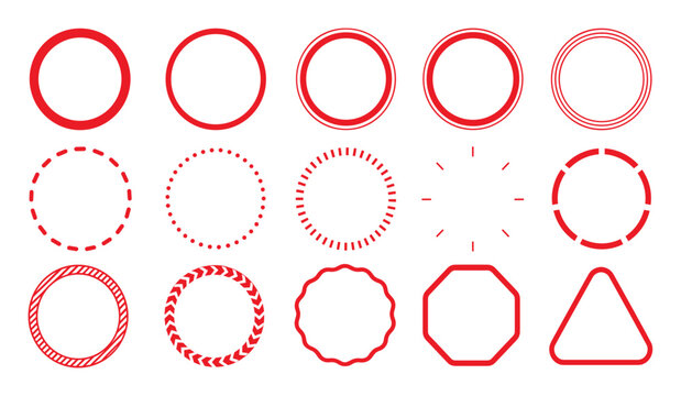 Red geometric shapes and borders featuring solid dashed dotted and double lined circles alongside a wavy badge and polygon frames for graphic design