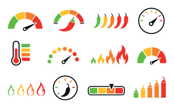Spicy food level indicator vector icons set featuring chili peppers, flames, thermometers, and speedometers to represent mild, medium, hot, and extra spicy heat levels