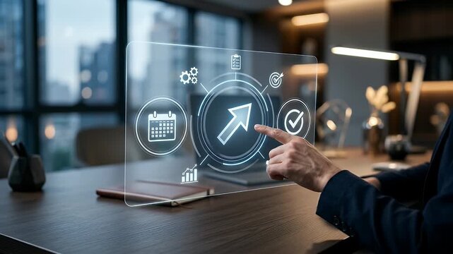 Business technology digital interface hand arrow office desk futuristic touchscreen modern innovation progress success data graph calendar planning strategy goal achievement concept workspace virtual