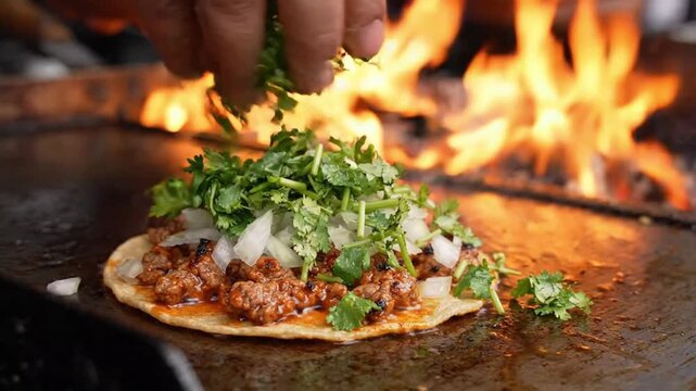 Chef garnishes delicious taco with fresh cilantro and onions on a hot griddle with flames