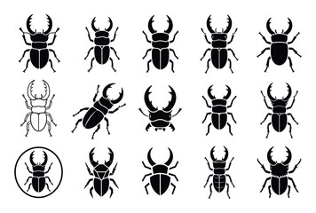 Fototapeta premium Stag beetle black silhouette vector icon set representing various species of lucanidae insects with large mandibles for graphic design, logo creation, and entomology projects