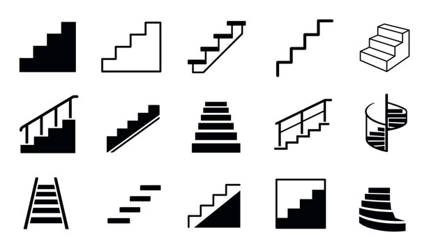 Stairs and staircase vector icons set showing various styles of steps, ladders, spiral stairways, and handrails for architectural and navigation design