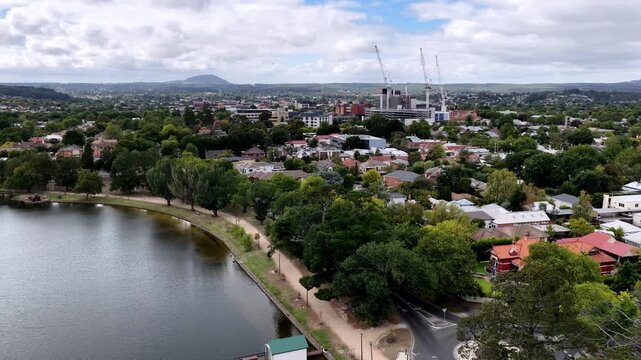 Low aerial hovering panorama of Ballarat lake Wendouree in Victoria, Australia &ndash; park.