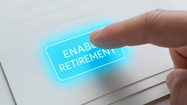 Enable retirement button glowing blue with finger pressing on hand close up on paper document activating digital option for future planning and financial security pension plan activation concept