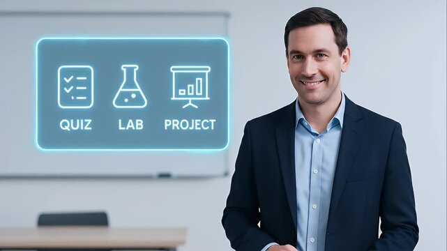 Confident man suit modern classroom with digital board showing quiz lab project icons symbolizing education learning progress interactive virtual interface technology presentation innovation