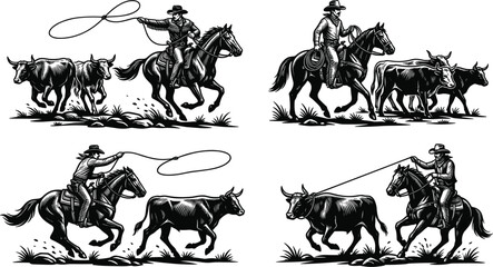 Naklejka premium Vintage Linocut Cowboy and Rodeo Lasso Vector Set with Ranchers Riding Horses Herding Cattle and Wild Western Team Rop