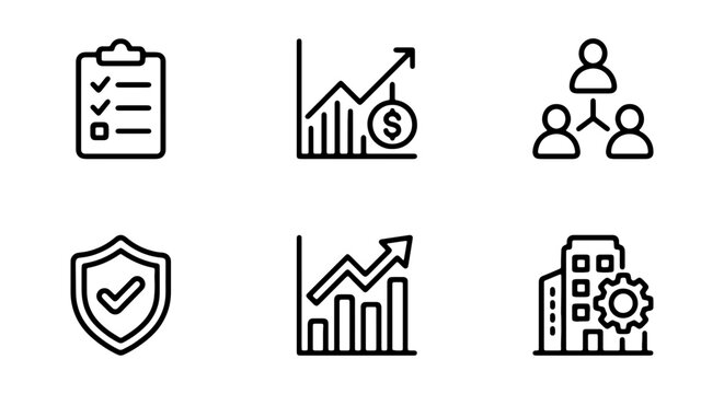 Business Icons Set: Checklist, Growth Charts, Organization, Security, Company Building
