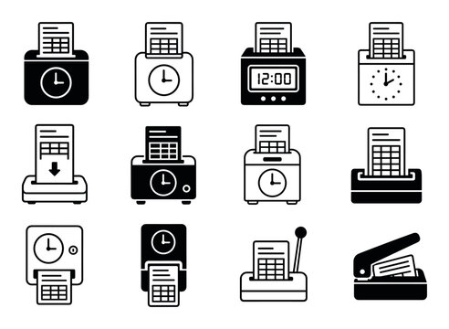 Time card machine and punch clock icons representing employee attendance tracking, work hours recording, and timesheet management in a modern office environment