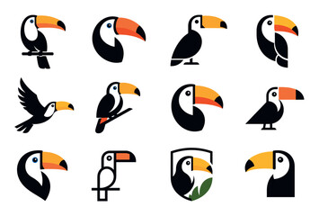 Fototapeta premium Toucan bird vector logo icons set featuring various minimalist and modern designs of tropical exotic birds for brand identity and graphic design elements