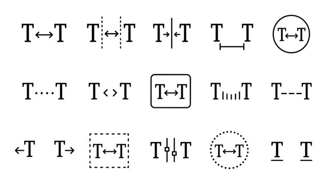 Typography kerning and tracking line icons set representing letter spacing, text formatting, font adjustment, and graphic design alignment tools