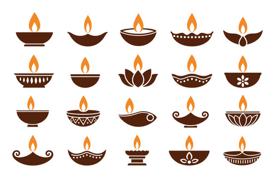 Diwali diya oil lamp vector icon set featuring twenty different traditional clay lamp designs with burning orange flames for Deepavali festival celebration