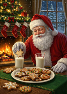Santa Claus Eating Cookies and Drinking Milk by a Cozy Fireplace