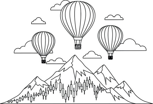 Hot air balloons flying over mountains with stock market chart